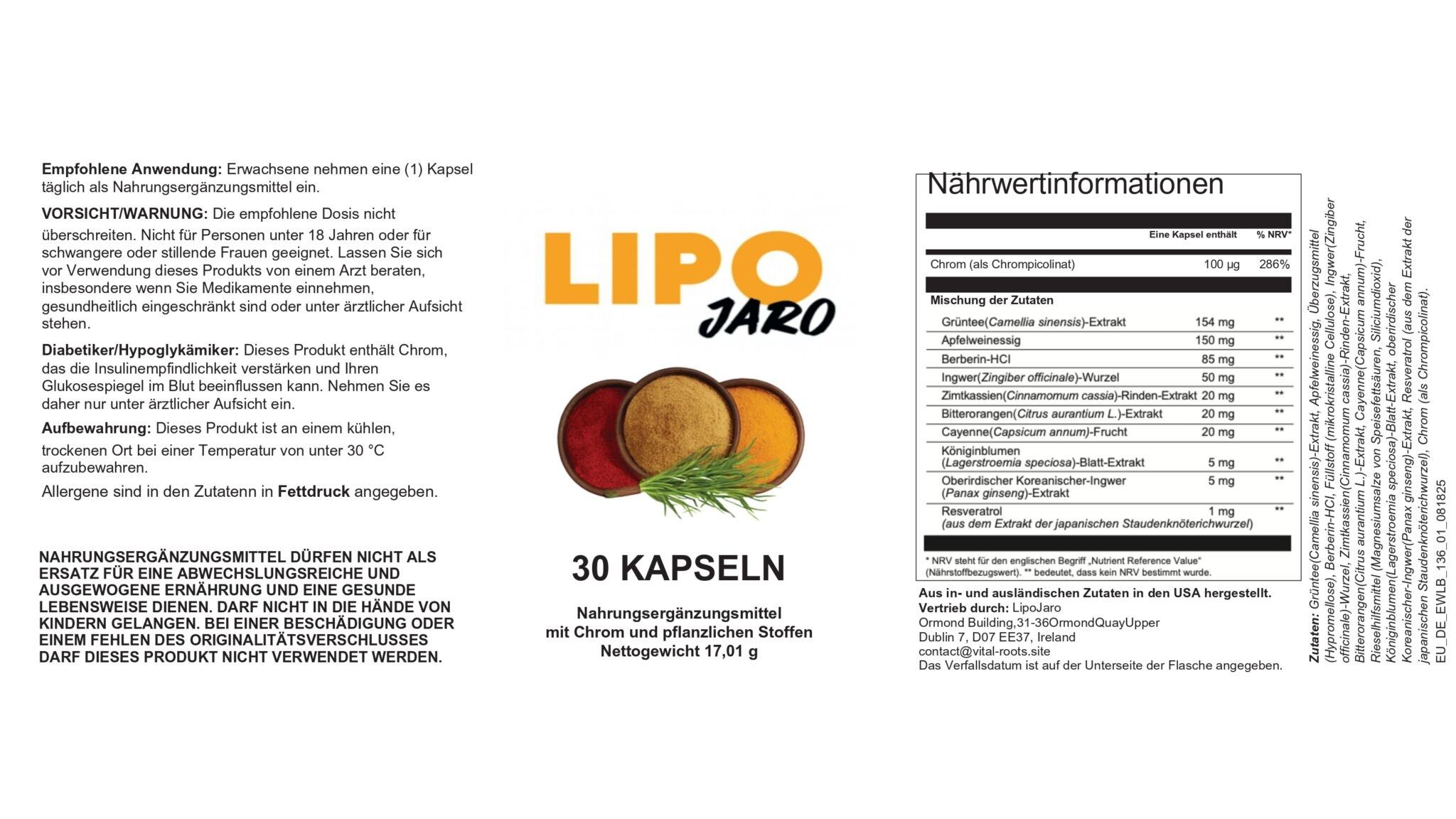 LipoJaro Nährwertinformationen und Etikett